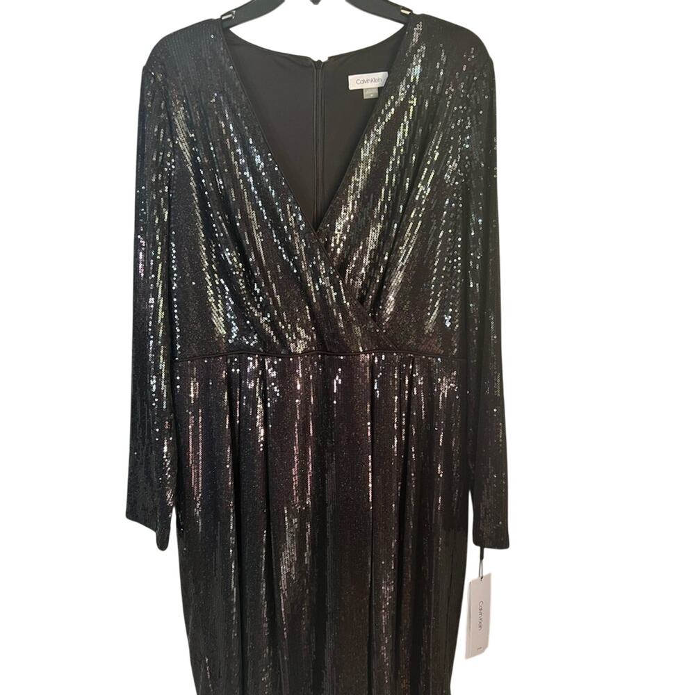 NWT Calvin Klein Black Sequin L/S Cocktail Dress Size 14